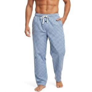 Pajama Pants Mens 2XL PJs Blue White Plaid Drawstring Lightweight Lounge Bottoms
